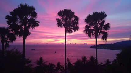 Obraz premium A colorful sunset sky over the horizon of Koh Samet, with silhouette palm trees framing the view.