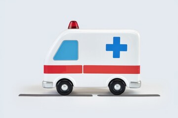 A toy ambulance, white with red and blue details, signifying emergency medical services.