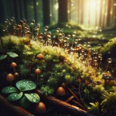 A serene forest scene with mushrooms, moss, and dew droplets glistening in the morning sunlight