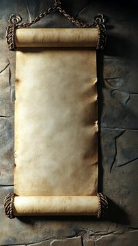 Ancient scroll displayed on a stone wall with intricate details and a rustic appearance