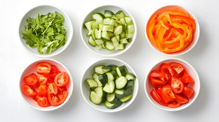  Fresh Chopped Vegetables in Glass Bowls on White Background