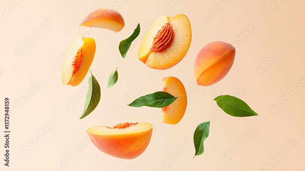 Poster ripe peaches and peach slices with green leaves are levitating on a pastel background, creating a vi