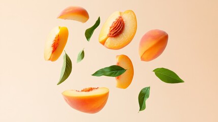 Ripe peaches and peach slices with green leaves are levitating on a pastel background, creating a vibrant and refreshing scene that evokes the essence of summer
