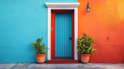 Fototapeta premium Brightly painted door with a unique color, creating a striking focal point for the homea??s exterior
