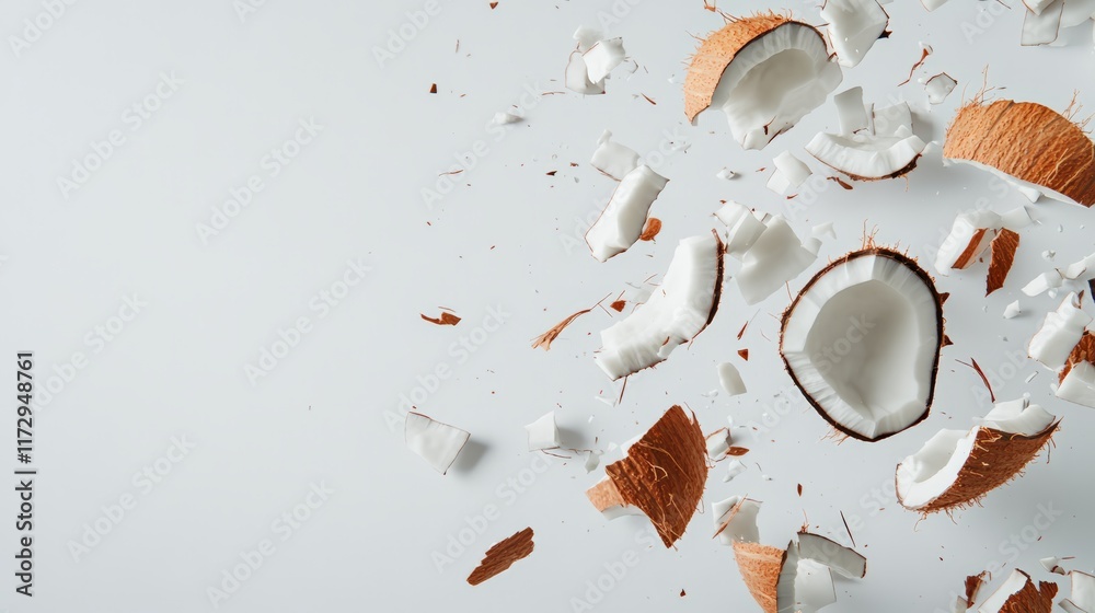 Poster coconut pieces, shell fragments, and white flesh are suspended in mid air against a minimalist white