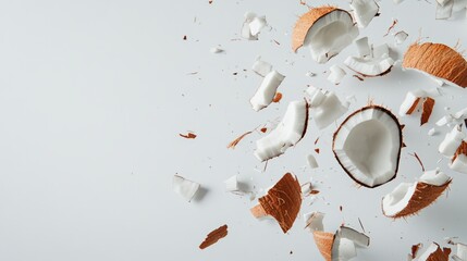Coconut pieces, shell fragments, and white flesh are suspended in mid air against a minimalist white backdrop, creating a dynamic and visually appealing composition