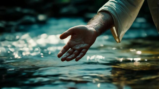 Jesus christ extending his hand over serene waters in a tranquil outdoor setting


