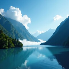 Clear blue sky over a misty mountain and river, mist, blue, cloud