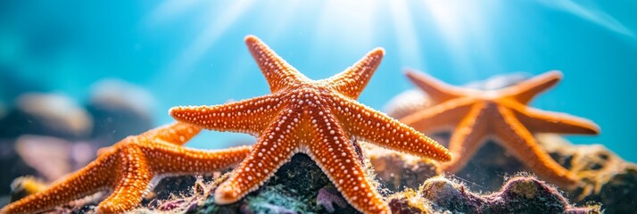 Group of vivid. bright red starfish attached coral, close-up macro image underwater shot.