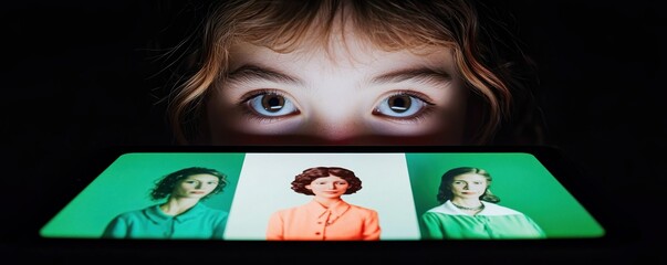 Women's history month education concept. A child gazes at a glowing screen displaying various portraits.