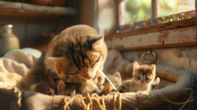 A mother cat licking and cleaning her newborn kittens lovingly.