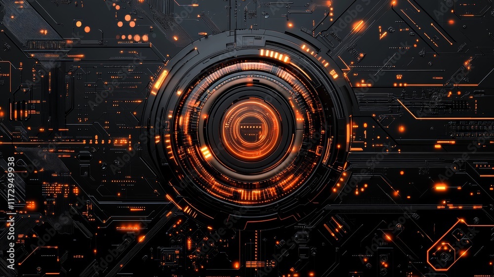 Poster abstract digital design featuring a central glowing element with circuit patterns.