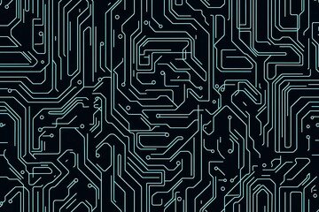 Abstract close-up of a glowing blue digital circuit board, showcasing intricate connections and technological design on a black background.
