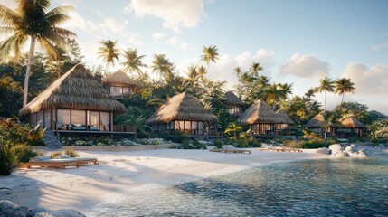 Fototapeta premium Tropical beach resort with thatched-roof bungalows by the shore.