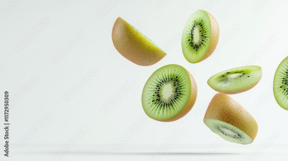 Poster several kiwi slices, showcasing vibrant green flesh and tiny black seeds, are suspended in mid air a