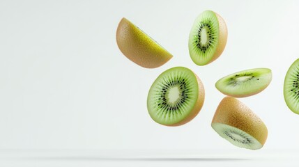 Fototapeta premium Several kiwi slices, showcasing vibrant green flesh and tiny black seeds, are suspended in mid air against a clean white backdrop, creating a visually appealing and refreshing image
