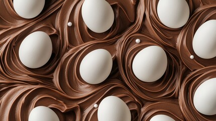 Fototapeta premium White eggs nestled in swirls of rich chocolate cream.