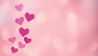 Pink glitter hearts are displayed with a soft bokeh light effect, creating a romantic and cheerful atmosphere perfect for themes of love and celebration.
