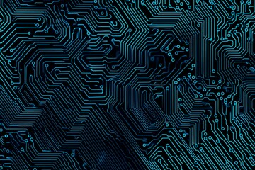 Abstract close-up of a glowing blue digital circuit board, showcasing intricate connections and technological design on a black background.
