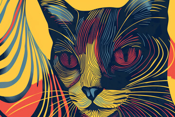 An artistic line art of a cat with bold, contrasting colors creating a striking visual impact.