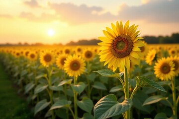 Fototapeta premium Golden hues fade over tall sunflower stalks in a vast open field, serene, peaceful