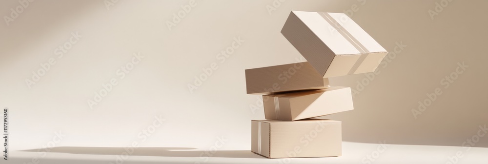 Aufkleber minimalist still life of levitating cardboard boxes balancing precariously in a sunbeam on a beige b