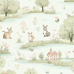 Fototapeta premium Bunnies on a Meadow, Cute Pattern Design