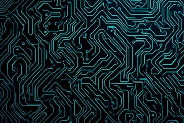 Obraz premium Abstract close-up of a glowing blue digital circuit board, showcasing intricate connections and technological design on a black background. 