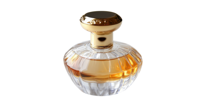 A Small Perfume Sample Bottle with a Gold Cap Perfect for Showcasing Fragrance Products in Photography or Advertising.