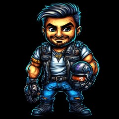 A cartoon character with a muscular build, wearing a vest and holding a helmet, exuding confidence.