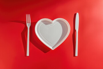 heart-shaped white plate with cutlery on a red background, Valentine's day concept. MZ