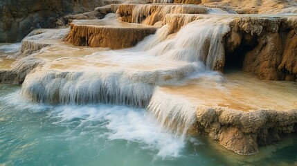 Naklejka premium Cascading water over travertine terraces, showcasing the mineral-rich formations and unique natural beauty