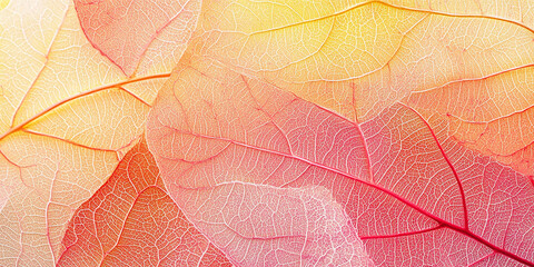 Close-up of maple leaves with delicate veins and a gradient from red to yellow, captured under natural lighting, highlighting the beauty of autumn.

