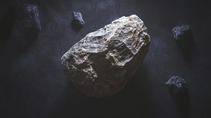 Naklejka premium Close-up of a large, rough rock on a dark surface with smaller rocks surrounding it.