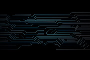 Abstract close-up of a glowing blue digital circuit board, showcasing intricate connections and technological design on a black background.

