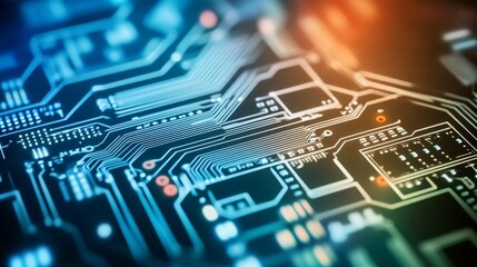 Close-up of a circuit board showcasing intricate electronic pathways and connections.
