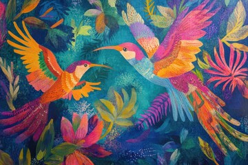 Fototapeta premium Two Hummingbirds Soar Amidst Vibrant Tropical Flora