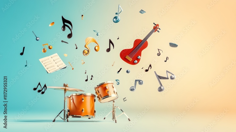 Poster drums, guitar, musical notes, and a score are levitating in a colorful studio with a gradient backgr