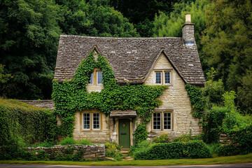 Quaint countryside cottage with ivy climbing up its stone walls. Generative AI