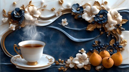 Elegant Tea Cup and Floral 3D Design