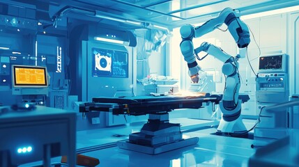 future robotic arms performing automated medical health care operation for future precision surgical robot and remote control hospital equipment as wide banner design