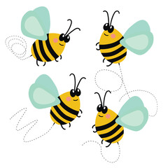 Cartoon bee mascot. A small bees flies. Wasp collection. Vector characters. Incest icon. Template design for invitation, cards. Doodle style.