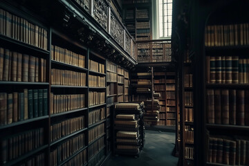 Obraz premium Old-fashioned classic library showcasing beautiful antique books neatly organized on wooden shelves. Generative AI