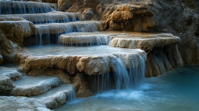 Cascading water over travertine terraces, showcasing the mineral-rich formations and unique natural beauty