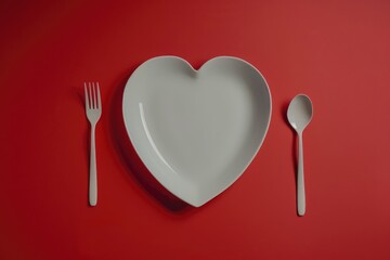 heart-shaped white plate with cutlery on a red background, Valentine's day concept. MZ