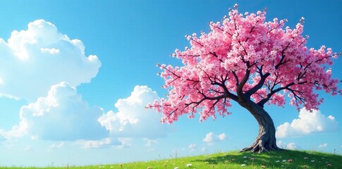 Tung oil tree against clear blue sky with clouds, flowers, blossoms, wood