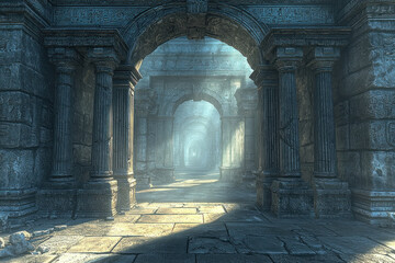 Sunlit ancient stone archway ruins with misty background