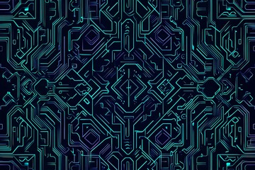 Abstract close-up of a glowing blue digital circuit board, showcasing intricate connections and technological design on a black background.
