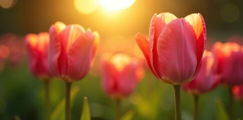 Warm sunset light shines on a delicate pink tulip, green, light, blossom