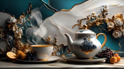 Elegant Tea Set Still Life with Ornate Background